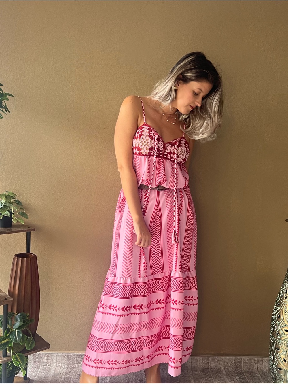 Pink Printed Maxi Dress with Spaghetti Straps